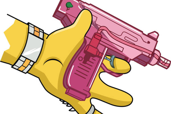未来感裁片印花服装:手持粉色枪械的黄色机械手