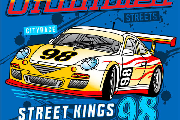 复古赛车裁片印花服装,街头霸王98主题服装印花