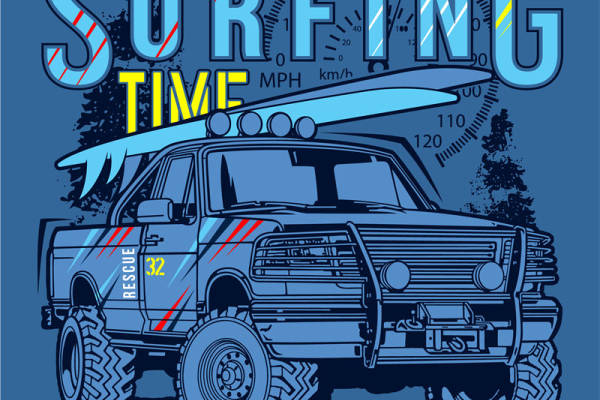 时尚冲浪主题服装印花设计：沙滩救援车裁片印花