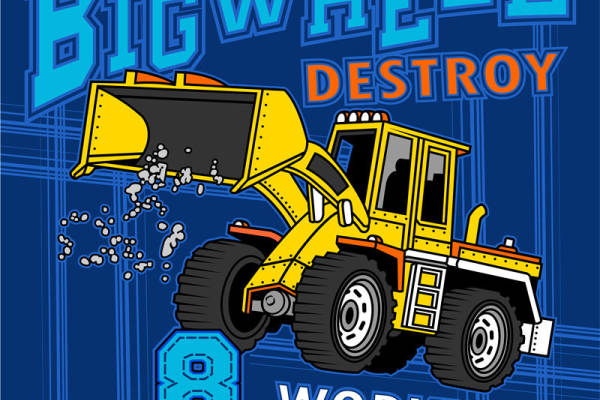 儿童服装印花设计:大轮子挖掘机破坏主题裁片印花