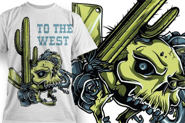 创意西部风格裁片印花服装：骷髅仙人掌图案T恤