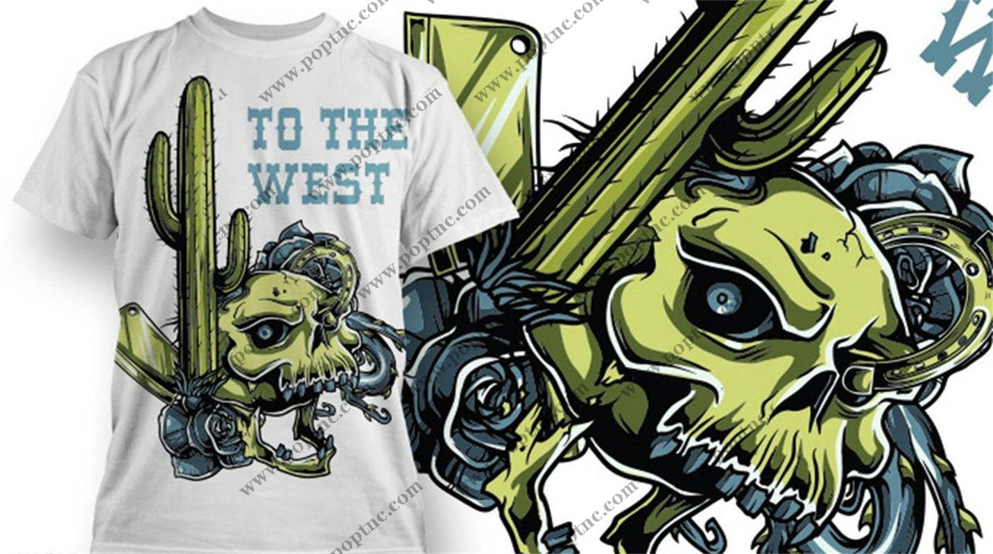 创意西部风格裁片印花服装:骷髅仙人掌图案T恤