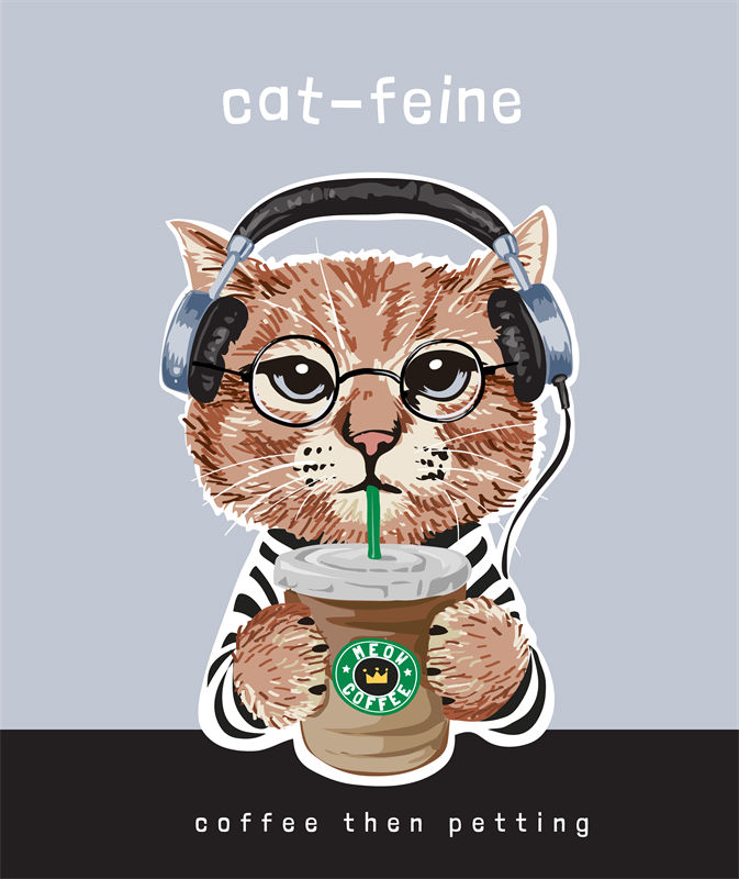 时尚猫咪裁片印花服装，享受咖啡与抚摸的悠闲时光
