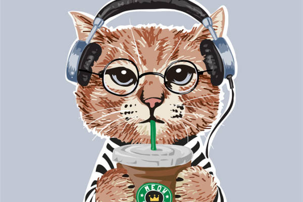 时尚猫咪裁片印花服装，享受咖啡与抚摸的悠闲时光