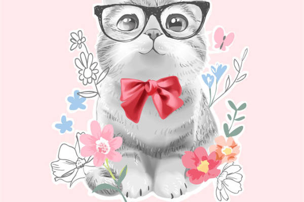 可爱猫咪眼镜红领结裁片印花服装印花设计