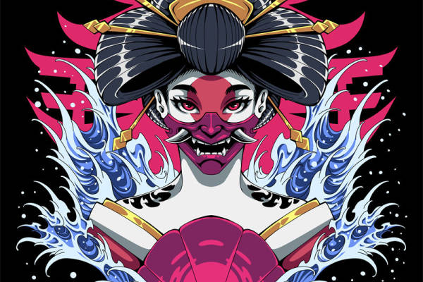 传统日本武士风格裁片印花服装印花设计