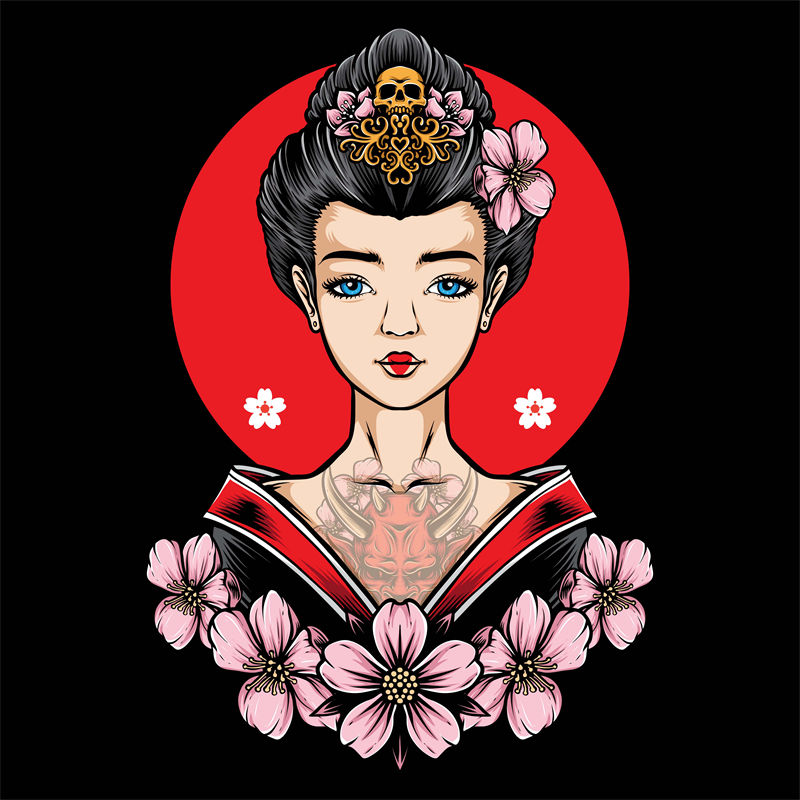 日式樱花与骷髅元素裁片印花服装印花设计