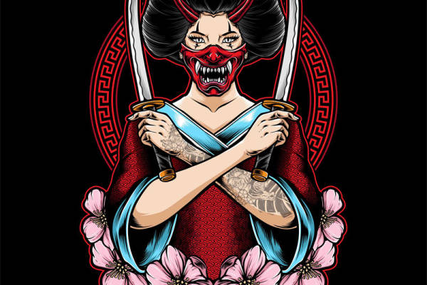 日本武士风格裁片印花服装:樱花与面具的完美结合