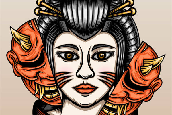 传统日本武士面具裁片印花服装，展现独特文化魅力