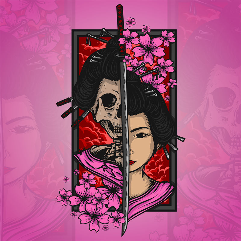 日式樱花与武士刀裁片印花服装，展现独特东方魅力