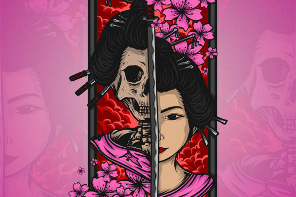 日式樱花与武士刀裁片印花服装，展现独特东方魅力