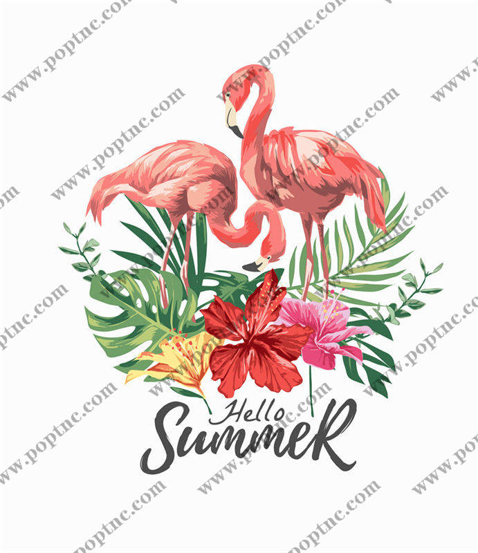 夏季热带风情裁片印花服装,火烈鸟与花卉图案服装印花设计
