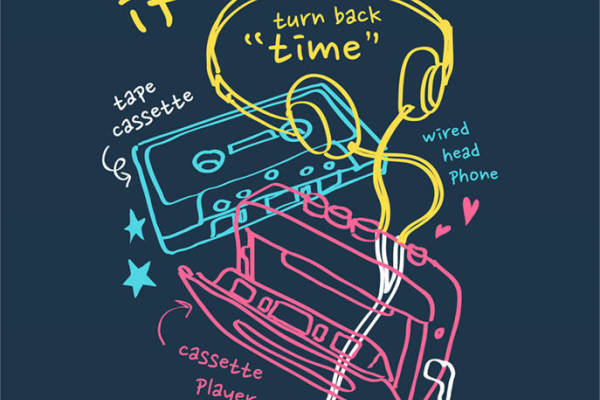 复古风格裁片印花服装：怀旧磁带与耳机图案