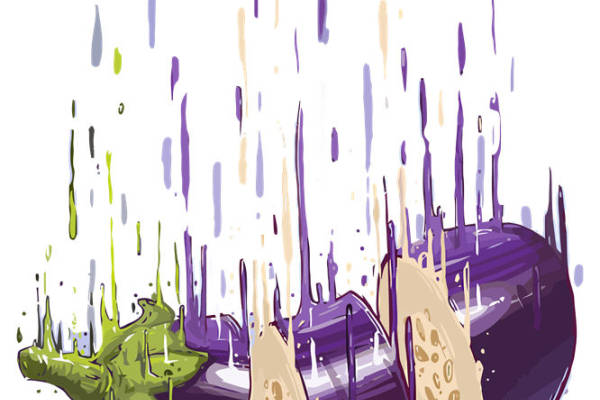 创意紫色水果裁片印花服装，展现个性时尚风格