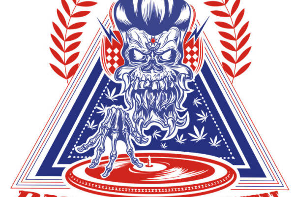 复古风格裁片印花服装:Disco Jockey骷髅与大麻叶图案