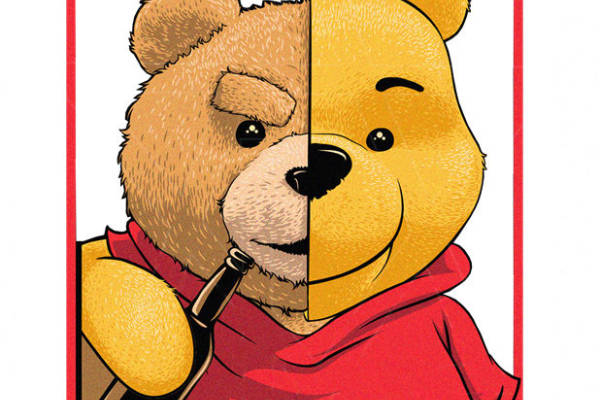 创意裁片印花服装：双面熊图案个性时尚设计