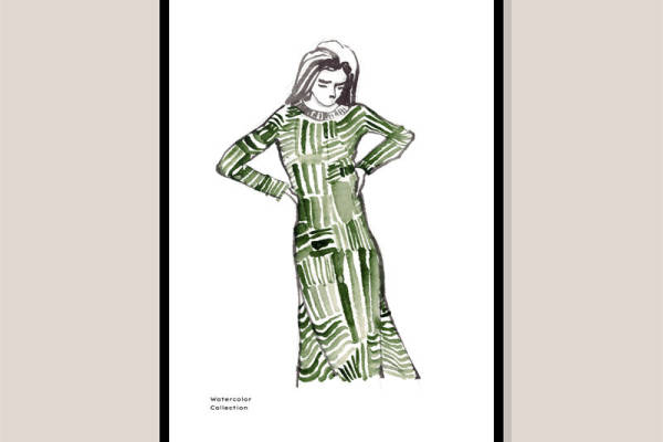 优雅绿意条纹裁片印花服装艺术设计