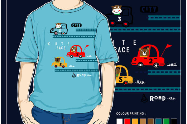 趣味赛车主题裁片印花服装，适合儿童的活泼设计