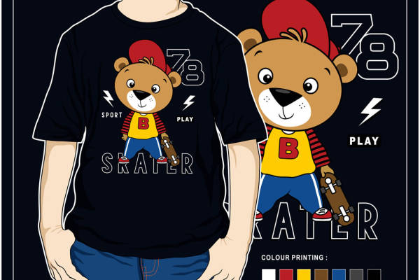 时尚滑板熊裁片印花服装印花T恤，展现青春活力
