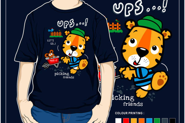 趣味卡通老虎裁片印花服装,活泼可爱风格,适合儿童和青少年