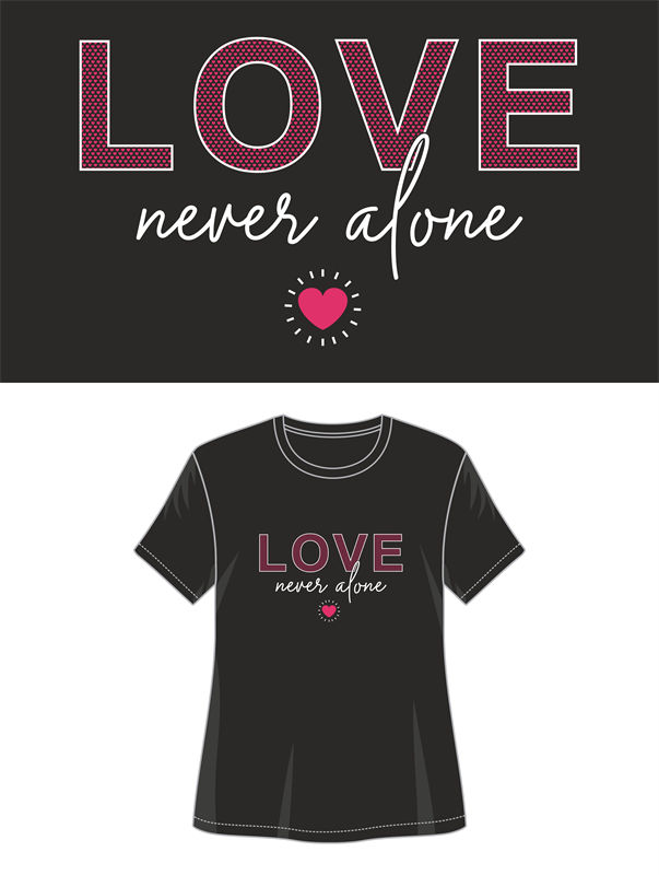 时尚裁片印花服装：'LOVE never alone' 浪漫风格T恤