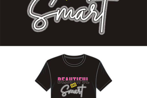 时尚黑底粉白'Beautiful and Smart'裁片印花服装印花T恤