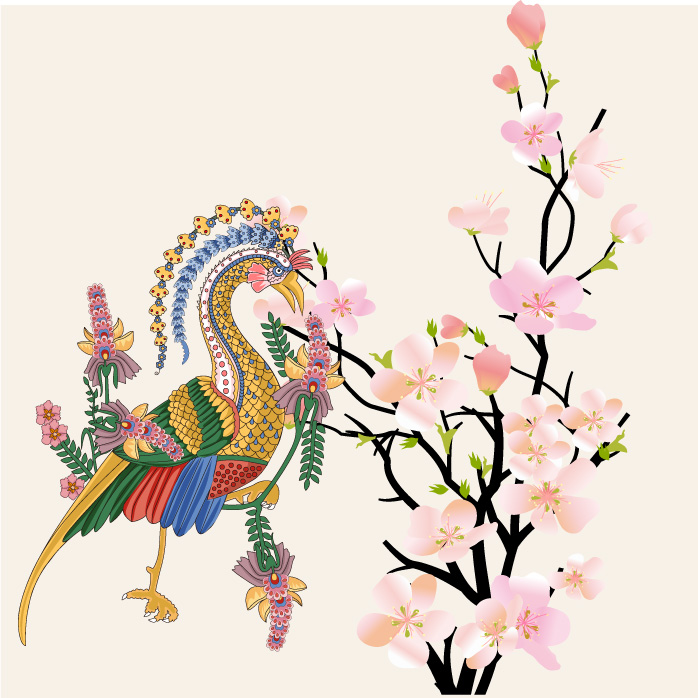 春意盎然的孔雀与樱花裁片印花服装设计