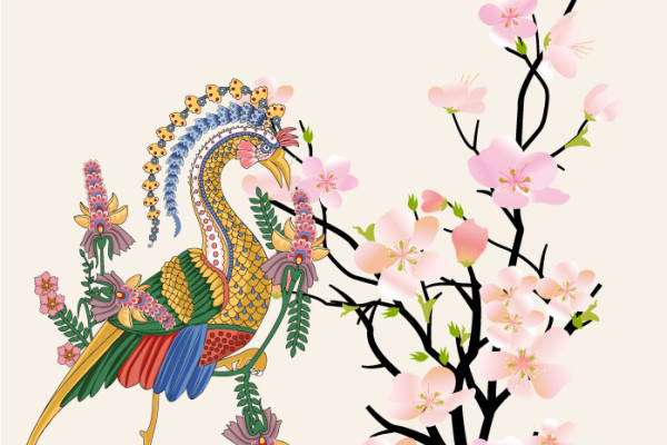 春日绽放：孔雀与樱花裁片印花服装