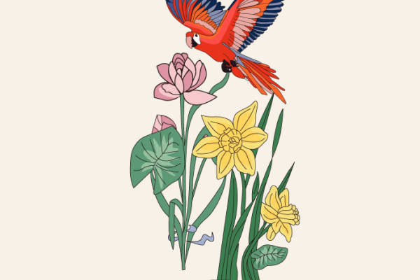 春意盎然的鹦鹉与花卉裁片印花服装