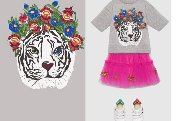 儿童时尚：老虎头裁片印花服装与粉色蓬蓬裙搭配