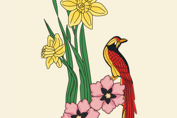 春日绽放：水仙与樱花的裁片印花服装艺术