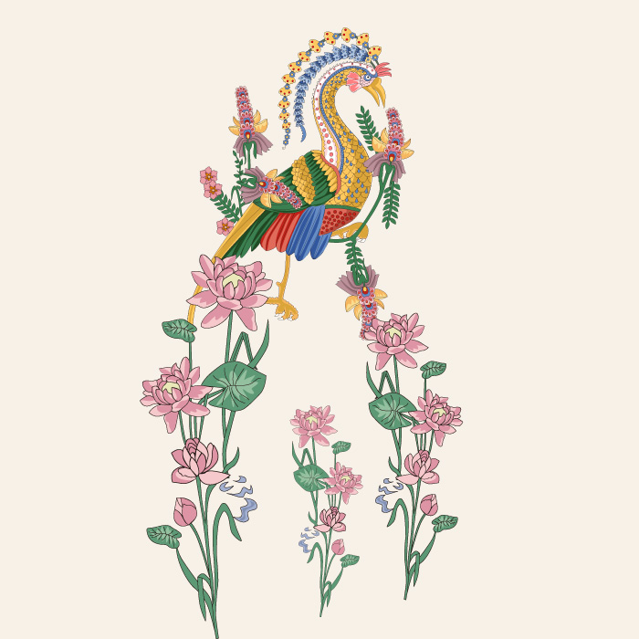 优雅孔雀与荷花裁片印花服装，展现自然之美