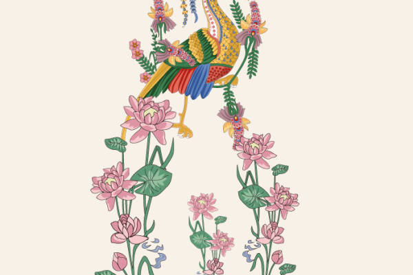 优雅孔雀与荷花裁片印花服装，展现自然之美