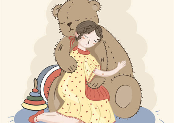 温馨梦幻的小女孩与大熊裁片印花服装印花设计