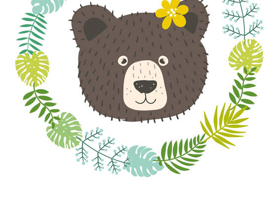 可爱熊头与绿叶花卉裁片印花服装设计