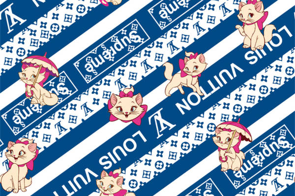 可爱卡通猫咪条纹服装印花面料设计