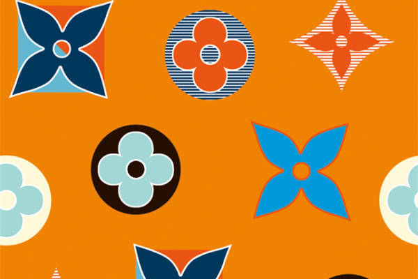 活力橙色背景上的几何花卉服装印花设计