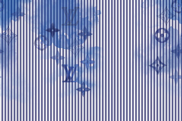 经典蓝色条纹与标志性图案的服装印花面料设计