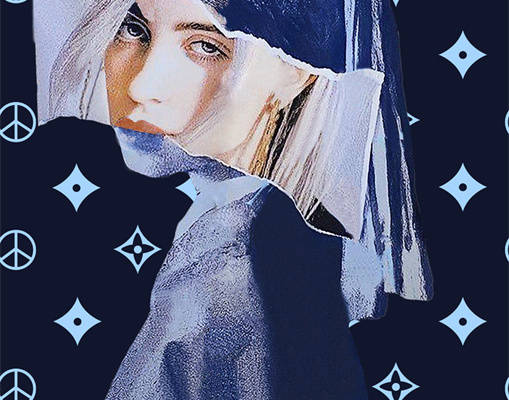 时尚潮流：深蓝色背景上的和平符号与几何图案服装印花