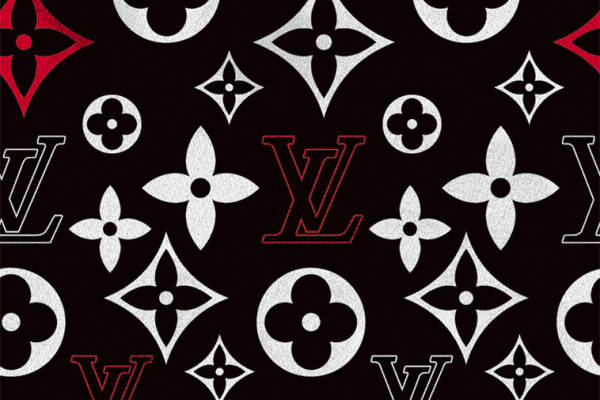 经典黑色背景上的白色与红色服装印花面料设计