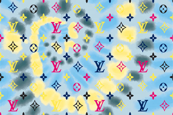 时尚天空蓝背景上的多彩云朵与经典LV服装印花