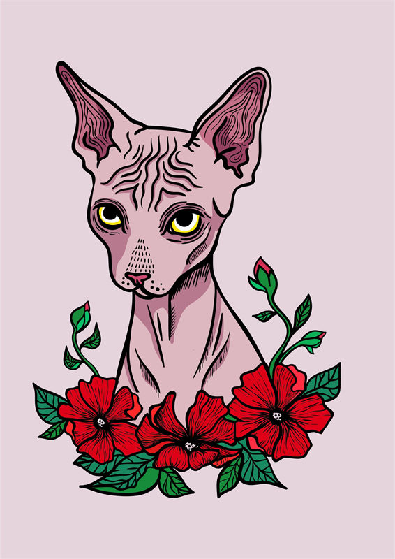 优雅斯芬克斯猫与鲜艳花卉裁片印花服装设计
