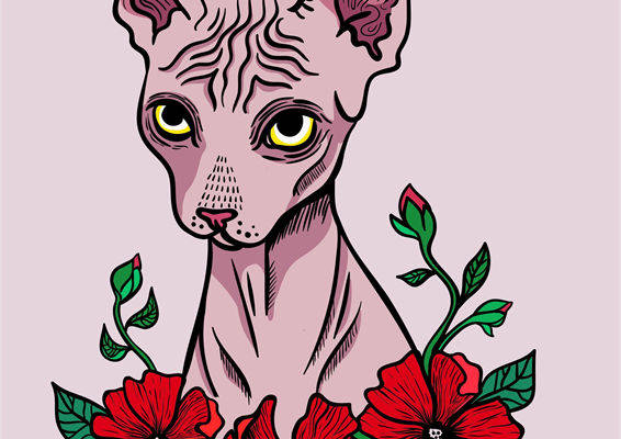 优雅斯芬克斯猫与鲜艳花卉裁片印花服装设计