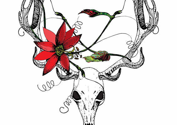 独特鹿头与红花裁片印花服装,展现个性与自然之美