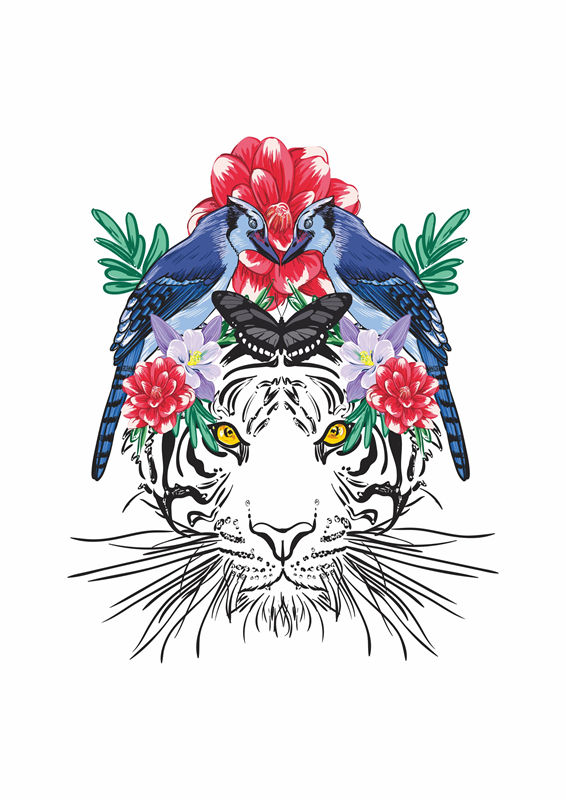 独特老虎头与花卉翅膀裁片印花服装设计