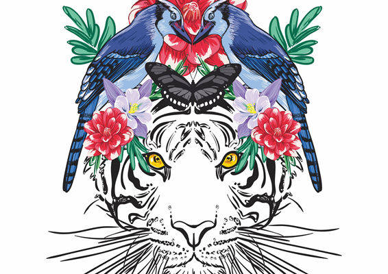 独特老虎头与花卉翅膀裁片印花服装设计