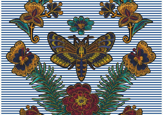 优雅蓝白条纹背景上的绚丽蝴蝶裁片印花服装