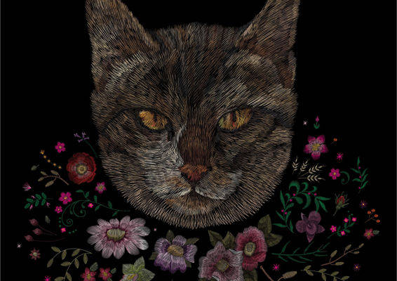 优雅黑猫与多彩花卉裁片印花服装