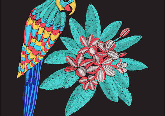 热带风情鹦鹉与花卉裁片服装印花设计