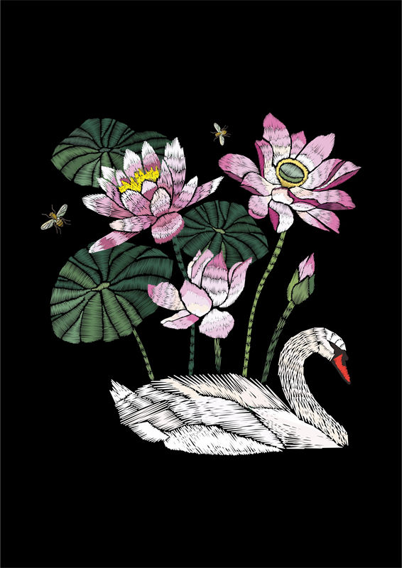 优雅天鹅与荷花裁片印花服装，展现自然之美
